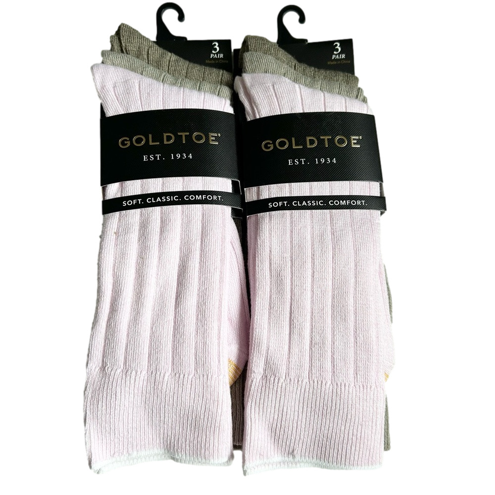 Gold Toe Men’s Crew Nantucket Soft Rib Socks Pink Beige Tan 6 Pairs NWT